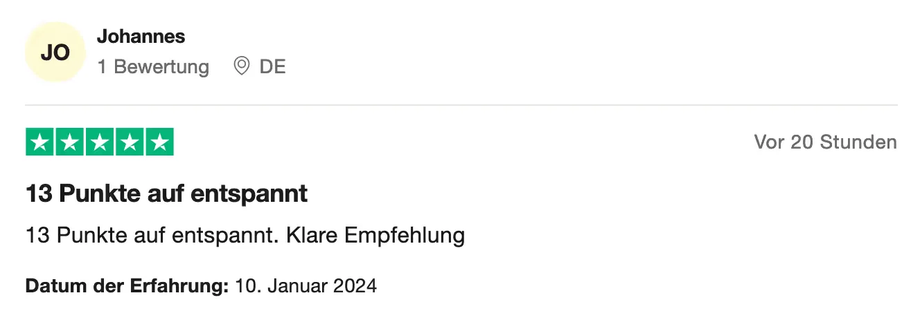 Trustpilot review, 5 stars (German): “13 points, no stress. Clear recommendation”
