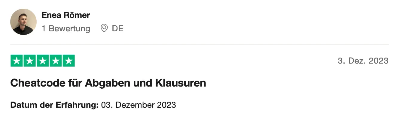 Trustpilot review, 5 stars (German): “A cheat code for assignments and exams”